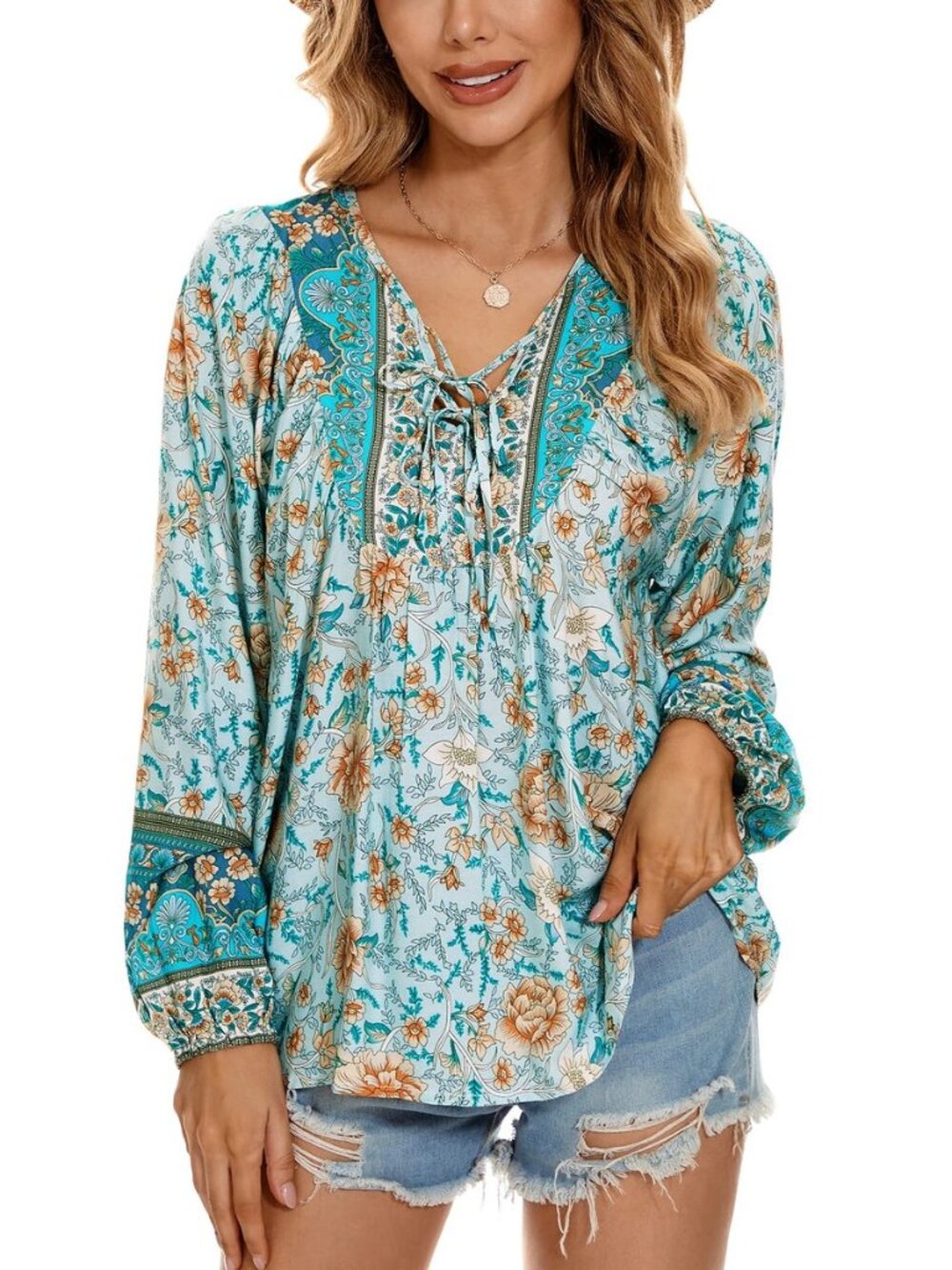 Women's Floral Boho Tunic Tops Casual Long Sleeve Loose Beach Blouses Self-Tie V